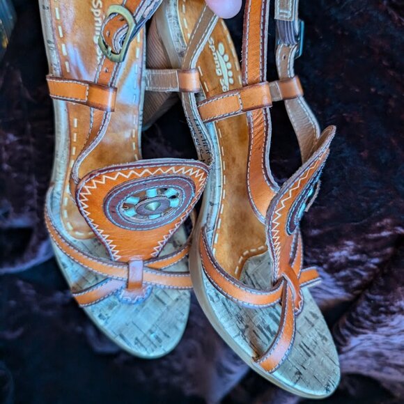 LIKE NEW Western Rodeo High-heel Sandals Medicine Wheel Leather Cork Spring Step - Picture 10 of 16